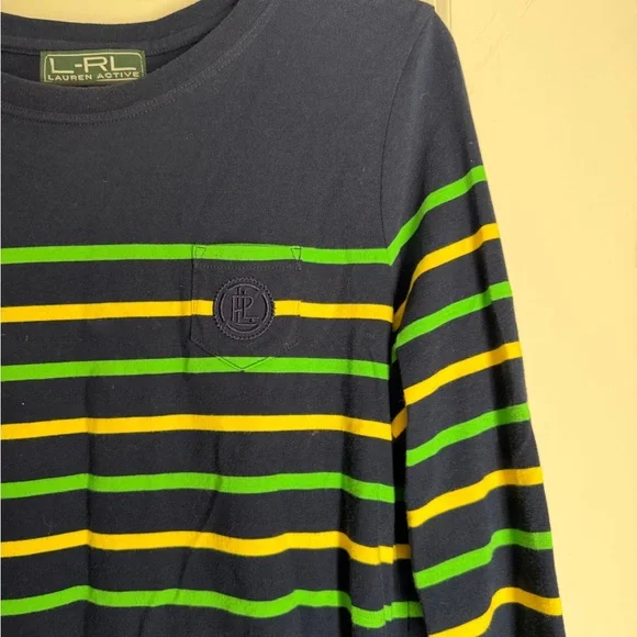 Ralph Lauren active M Navy Shirt with Green and Yellow Stripes casual travel - Picture 6 of 9